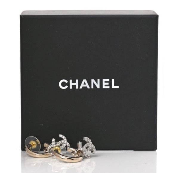 Chanel 22S Crystal Metal CC Logo Dangle Drop Statement Hoop Earrings Gold Silver - Picture 2 of 6